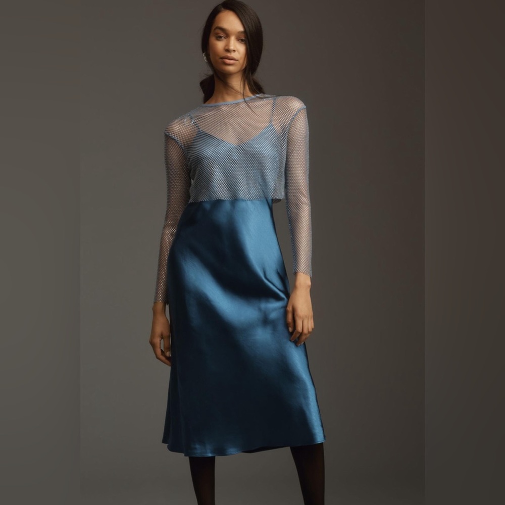DOLAN Mesh Slip Twofer Midi Dress in BLUE